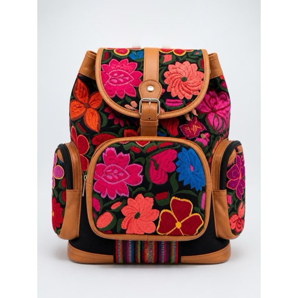 Handmade Floral Embroidered Backpack Women Large Black Tan Boho Artisan Bag